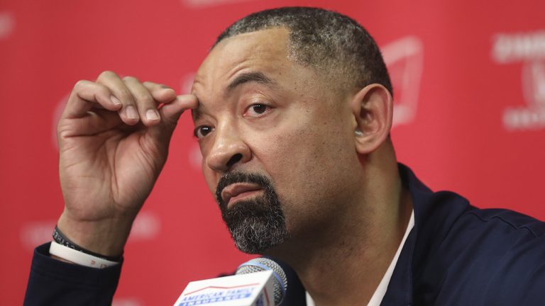 Michigan head coach Juwan Howard speaks to the media regarding a fight that broke out on the court after an NCAA college basketball game against Wisconsin. (Amber Arnold/Wisconsin State Journal via AP)