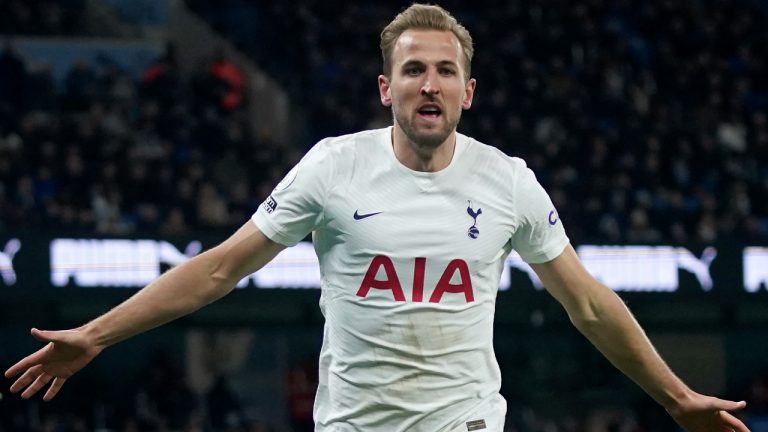 Tottenham's Harry Kane celebrates after scoring his side's second goal during the English Premier League soccer match between Manchester City and Tottenham Hotspur, at the Etihad stadium in Manchester, England, Saturday, Feb. 19, 2022. (Jon Super/AP)