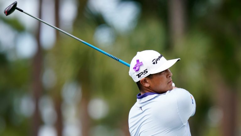 Kurt Kitayama hits from the ninth tee during the first round of the Honda Classic golf tournament, Thursday, Feb. 24, 2022, in Palm Beach Gardens, Fla. (Lynne Sladky/AP)
