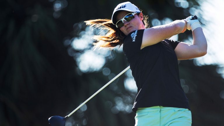 Leona Maguire watches a shot during the second round of the LPGA Drive On Championship golf tournament at Crown Colony in Fort Myers, Fla., Friday, Feb. 4, 2022. (Andrew West/The News-Press via AP)