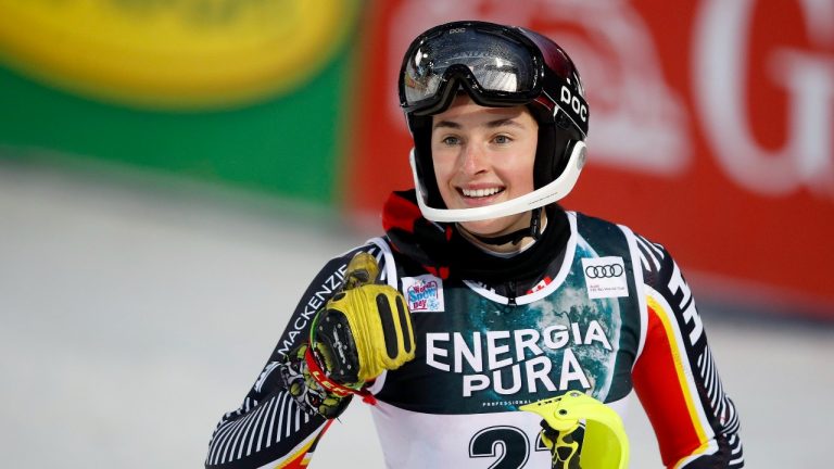 Ali Nullmeyer of Canada celebrates in the finish area after her 2nd run of the Audi FIS Ski World Snow Queen Trophy Woman's Salom on January 4, 2022 in Zagreb, Croatia. (Slavko Midzor/PIXSELL)