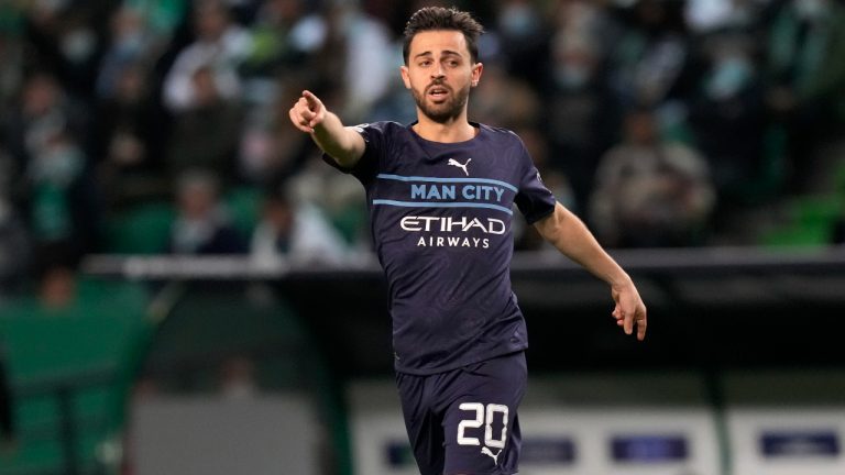 Manchester City's Bernardo Silva gestures during the Champions League round of 16 soccer match between Sporting CP and Manchester City at the Alvalade stadium in Lisbon, Portugal, Tuesday, Feb. 15, 2022. (Armando Franca/AP)