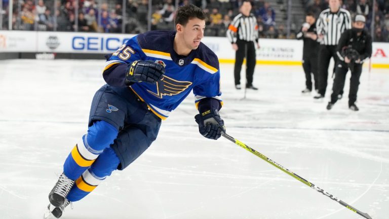 St. Louis Blues' Jordan Kyrou participates in the Skills Competition fastest skater event, part of the NHL All-Star weekend, Friday, Feb. 4, 2022, in Las Vegas. (Rick Scuteri/AP)