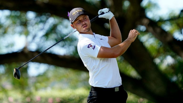 Adam Svensson plays his shot from the second tee during the third round of the Sony Open golf tournament, Saturday, Jan. 15, 2022, at Waialae Country Club in Honolulu. (Matt York/AP Photo)