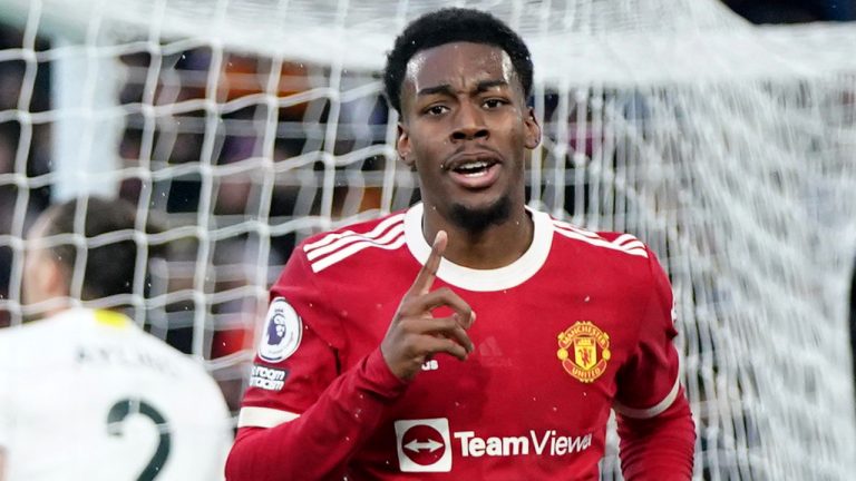 Manchester United's Anthony Elanga celebrates after scoring his side's fourth goal during the English Premier League soccer match between Leeds United and Manchester United, at Elland Road Stadium in Leeds, England, Sunday, Feb. 20, 2022. (Jon Super/AP)