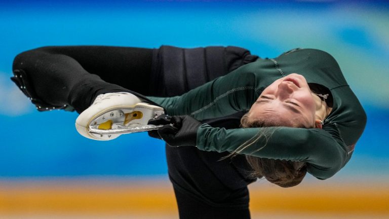 Kamila Valieva, of the Russian Olympic Committee, trains at the 2022 Winter Olympics, Monday, Feb. 14, 2022, in Beijing. (Bernat Armangue/AP Photo)