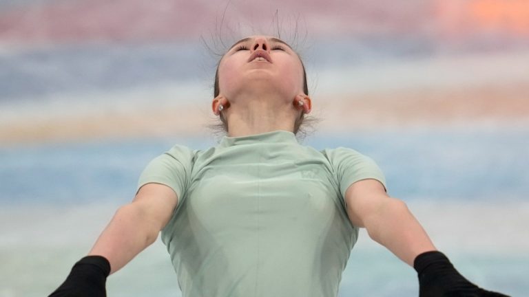 Kamila Valieva, of the Russian Olympic Committee, trains at the 2022 Winter Olympics, Wednesday, Feb. 16, 2022, in Beijing. (Natacha Pisarenko/AP Photo)
