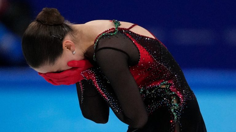 Kamila Valieva, of the Russian Olympic Committee, reacts after the women's free skate program during the figure skating competition at the 2022 Winter Olympics, Thursday, Feb. 17, 2022, in Beijing. (Bernat Armangue/AP Photo)