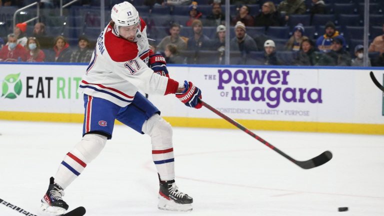 Montreal Canadiens right wing Josh Anderson (17) shoots and scores a goal during the first period of an NHL hockey game against the Buffalo Sabres on Friday, Nov. 26, 2021, in Buffalo, N.Y. (Joshua Bessex/AP)