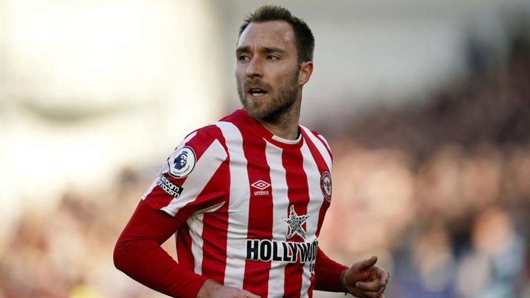 Brentford's Christian Eriksen in action, during the English Premier League soccer match between Brentford and Newcastle United at the Brentford Community Stadium. (Aaron Chown/AP)