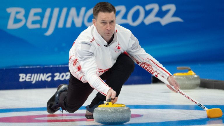 Canada’s skip Brad Gushue throws a rock during preliminary round action against Denmark Wednesday, February 9, 2022 at the 2022 Winter Olympics in Beijing. (Ryan Remiorz/CP)