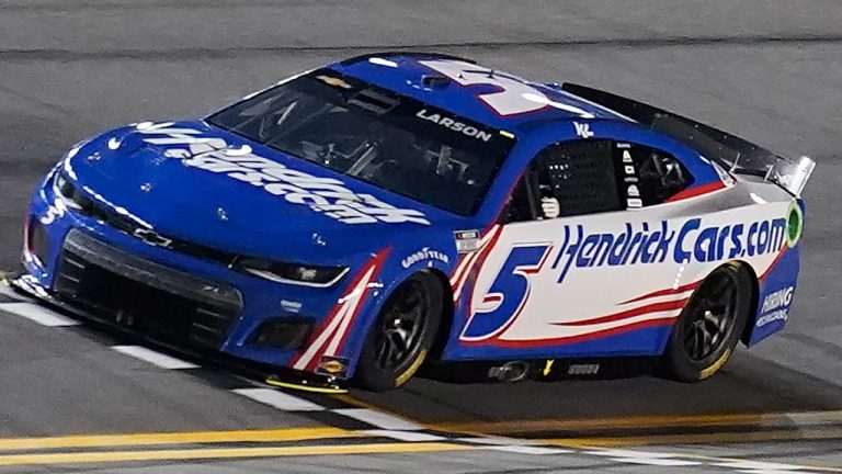 Kyle Larson crosses the finish line during qualifying for the NASCAR Daytona 500 auto race Wednesday, Feb. 16, 2022, at Daytona International Speedway in Daytona Beach, Fla. Larson took the pole position for Sunday's race. (Chris O'Meara/AP)