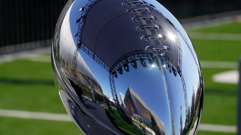 SoFi Stadium is reflected in the Vince Lombardi Trophy in Inglewood, Calif. (Morry Gash/AP)