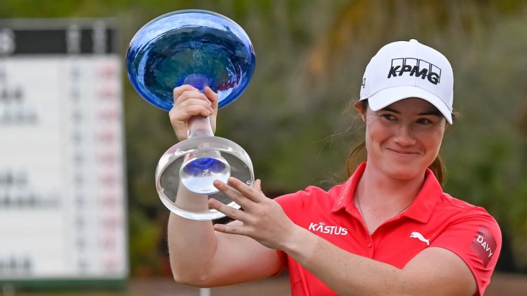 Leona Maguire holds the winner's cup after winning the LPGA Drive On Championship golf tournament at Crown Colony Golf & Country Club, Saturday, Feb. 5, 2022, in Fort Myers, Fla. (Steve Nesius/AP)