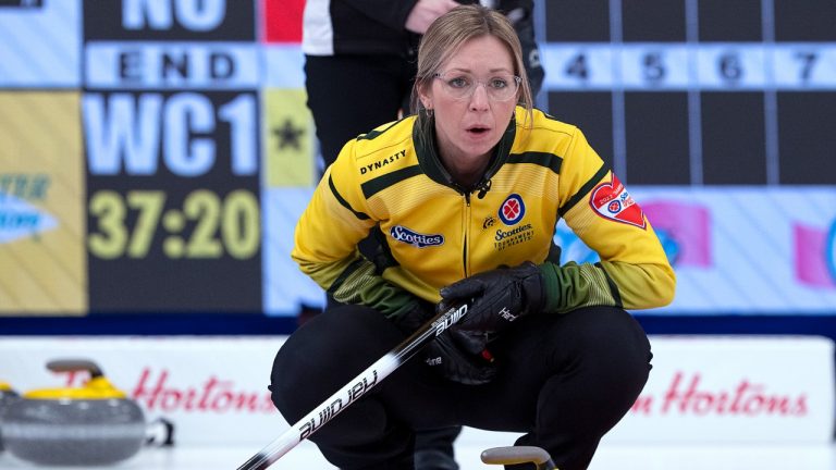 Northern Ontario skip Krista McCarville watches a rock as they play Wild Card 1 in playoff action at the Scotties Tournament of Hearts at Fort William Gardens in Thunder Bay, Ont. on Friday, Feb. 4, 2022. (Andrew Vaughan/CP)