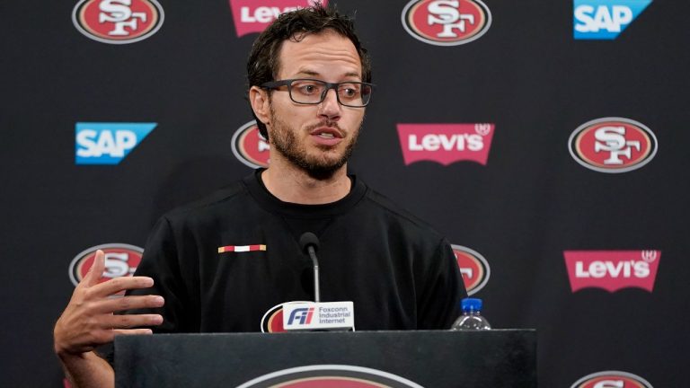 San Francisco 49ers offensive coordinator Mike McDaniel speaks during a news conference at NFL football training camp in Santa Clara, Calif., Thursday, July 29, 2021. (Jeff Chiu/AP)