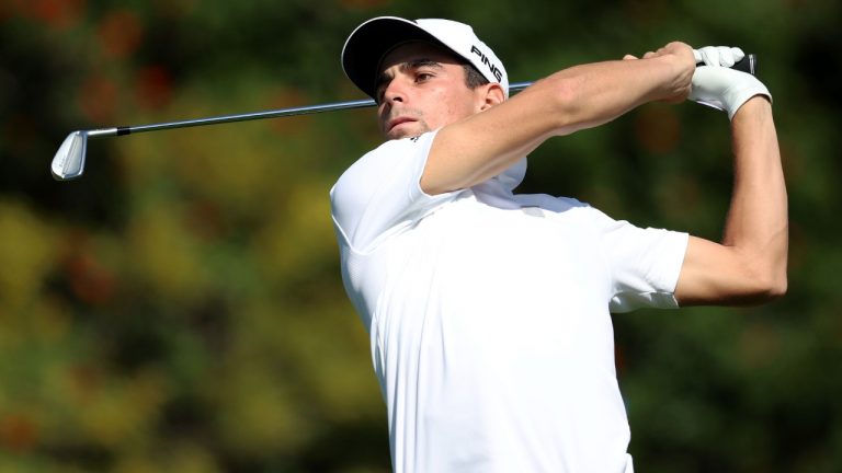 Joaquin Niemann of Chile tees off on the fourth hole during the final round of the Genesis Invitational golf tournament at Riviera Country Club, Sunday, Feb. 20, 2022, in the Pacific Palisades area of Los Angeles. (Ryan Kang/AP)