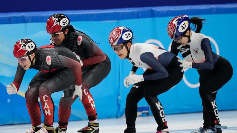Team's from Canada and South Korea compete in the women's 3000-metre relay semifinal during the short track speedskating competition at the 2022 Winter Olympics, Wednesday, Feb. 9, 2022, in Beijing. (Bernat Armangue/AP Photo)