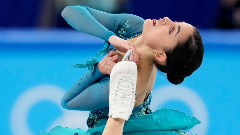 Madeline Schizas, of Canada, competes in the women's team free skate program during the figure skating competition at the 2022 Winter Olympics, Monday, Feb. 7, 2022, in Beijing. (Natacha Pisarenko/AP Photo)