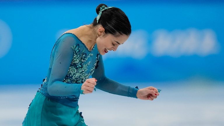 Madeline Schizas, of Canada, reacts in the women's team free skate program during the figure skating competition at the 2022 Winter Olympics, Monday, Feb. 7, 2022, in Beijing. (David J. Phillip/AP Photo)