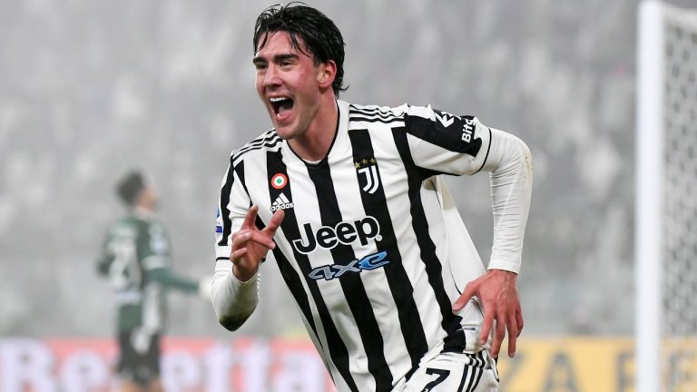 Juventus' Dusan Vlahovic celebrates scoring his side's opening goal during the Serie A soccer match between Juventus and Hellas Verona, at the Allianz stadium in Turin, Italy, Sunday, Feb. 6, 2022. (Fabio Ferrari/LaPresse via AP)