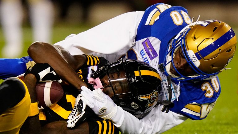 Hamilton Tiger-Cats wide receiver Steven Dunbar Jr. (82) catches the ball for a touchdown as he's tackled by Winnipeg Blue Bombers defensive back Winston Rose (30) during first half football action in the 108th CFL Grey Cup. (Frank Gunn/CP)