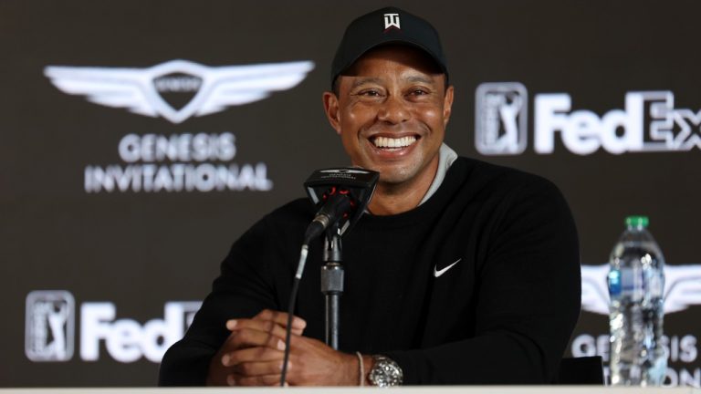 Tiger Woods speaks during a news conference for the Genesis Invitational golf tournament at Riviera Country Club, Wednesday, Feb. 16, 2022, in the Pacific Palisades area of Los Angeles. (Ryan Kang/AP)