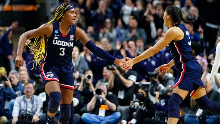 Connecticut forward Aaliyah Edwards (3) and guard Azzi Fudd (35). (Frank Franklin II/AP)