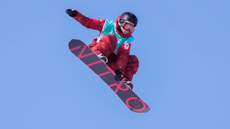 Canada's Laurie Blouin performs her third jump during the women's snowboard big air competition at the 2022 Winter Olympics in Beijing, Tuesday, Feb. 15, 2022. (Paul Chiasson/CP)