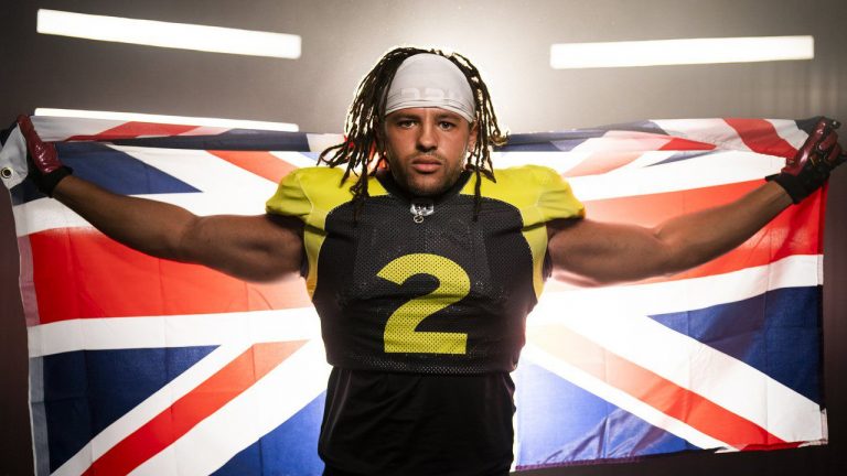 Running back Samuel Oram-Jones, of the United Kingdom, takes part in the 2022 CFL Combine at the Westin Harbour Castle, in Toronto in a Thursday, March 24, 2022, handout photo. Oram-Jones has no regrets about trading in his racing helmet for football headgear but does wonder daily about how different his life might be had he remained behind the wheel. THE CANADIAN PRESS/HO-CFL, Thomas Skrlj, *MANDATORY CREDIT*Running back Samuel Oram-Jones, of the United Kingdom, takes part in the 2022 CFL Combine at the Westin Harbour Castle, in Toronto in a Thursday, March 24, 2022, handout photo. Oram-Jones has no regrets about trading in his racing helmet for football headgear but does wonder daily about how different his life might be had he remained behind the wheel. (Thomas Skrlj/HO-CFL/CP)