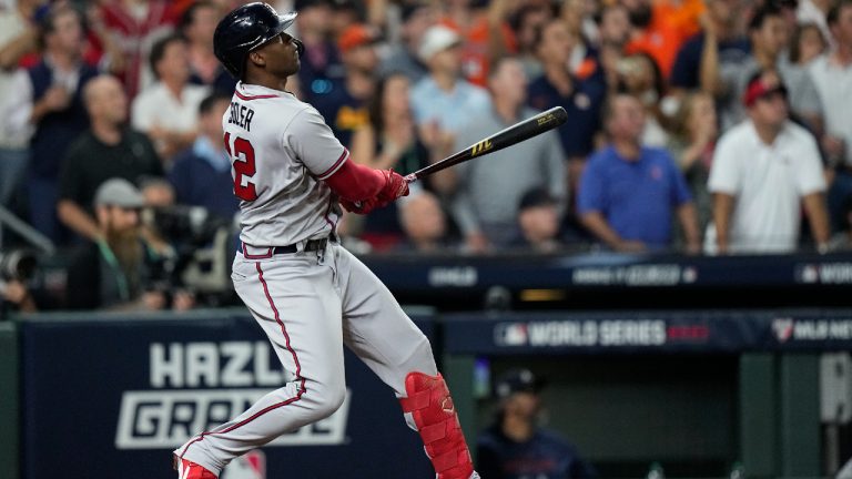 Atlanta Braves' Jorge Soler hits a three-run home run during the third inning in Game 6 of baseball's World Series between the Houston Astros. (David J. Phillip/AP)