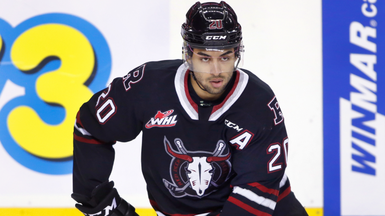 Red Deer Rebels player Arshdeep Bains during WHL action against the Calgary Hitmen in Calgary, Alta., on Dec. 19, 2021. (CP/file)