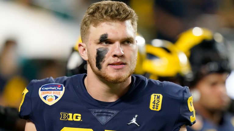 Michigan defensive end Aidan Hutchinson watches during warm-ups before the Orange Bowl NCAA College Football Playoff semifinal game against Georgia, Friday, Dec. 31, 2021, in Miami Gardens, Fla. (AP/file)