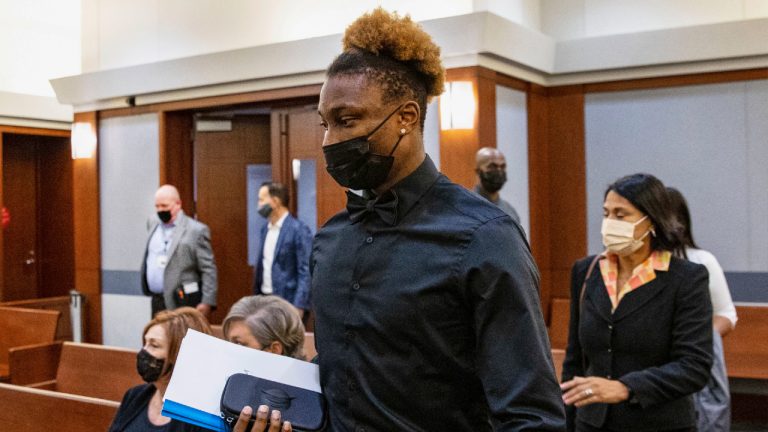 Former Las Vegas Raiders wide receiver Henry Ruggs arrives in court during his hearing at the Regional Justice Center in Las Vegas on Nov. 22, 2021. (Bizuayehu Tesfaye/AP)