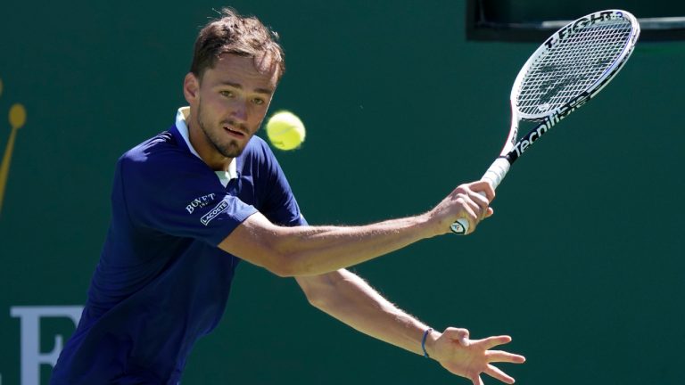 Daniil Medvedev, returns a shot to Tomas Machac, at the BNP Paribas Open (Marcio Jose Sanchez/AP)