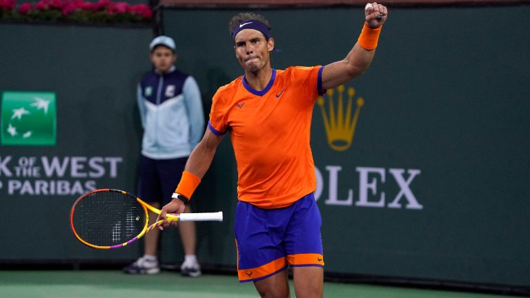 Rafael Nadal, of Spain, reacts after defeating Carlos Alcaraz, of Spain, during the men's singles semifinals at the BNP Paribas Open tennis tournament. (Mark J. Terrill/AP)