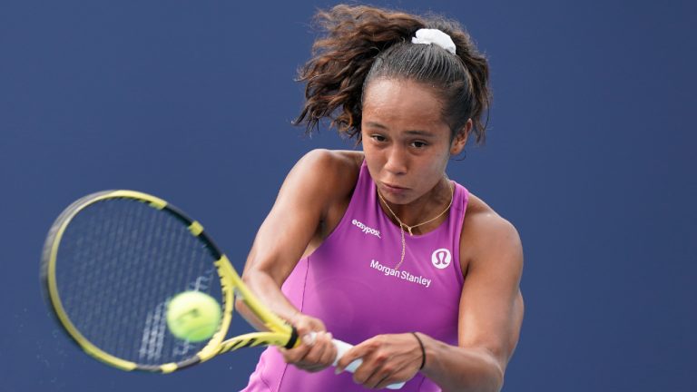 Leylah Fernandez of Canada returns a shot from Karolina Muchova of the Czech Republic, during the Miami Open tennis tournament. (Wilfredo Lee/AP)