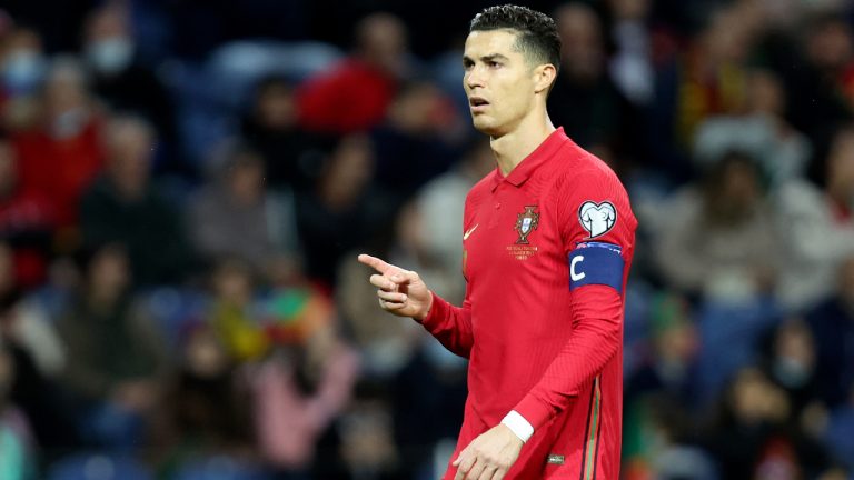 Portugal's Cristiano Ronaldo gestures during the World Cup 2022 playoff soccer match against Turkey. (Luis Vieira/AP)