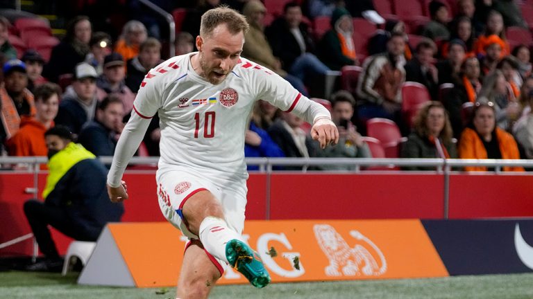 Denmark's Christian Eriksen takes a corner kick during the international friendly soccer match between the Netherlands and Denmark at the Johan Cruyff ArenA in Amsterdam, Netherlands, Saturday, March 26, 2022. (Peter Dejong/AP)