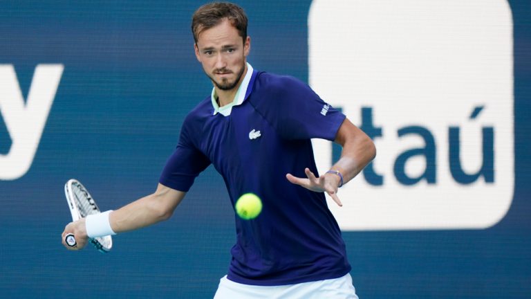 Daniil Medvedev returns a shot from Jenson Brooksby, during the Miami Open tennis tournament. (Wilfredo Lee/AP)