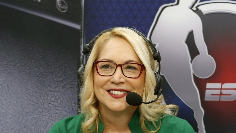 FILE - ESPN announcer Doris Burke is shown prior to an NBA basketball game between the New Orleans Pelicans and the Dallas Mavericks in Dallas, Wednesday, March 4, 2020. Burke will set another milestone later this month when she calls the conference and NBA Finals for ESPN Radio. Burke will be the first woman to serve as a game analyst on a network television or radio broadcast this deep into the postseason. (AP Photo/Michael Ainsworth, File)