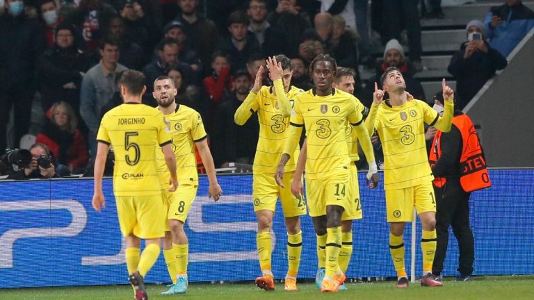 Chelsea's Christian Pulisic, right, celebrates with teammates after scoring his side's first goal during the Champions League, second leg, round of 16, soccer match between Lille and Chelsea at the Stade Pierre Mauroy stadium in Villeneuve d'Ascq, northern France, Wednesday, March 16, 2022. (Michel Spingler/AP)