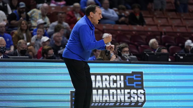 Duke head coach Mike Krzyzewski yells during the first half of a college basketball game against the Cal State Fullerton in the first round of the NCAA tournament on Friday, March 18, 2022, in Greenville, S.C. (AP Photo/Chris Carlson)