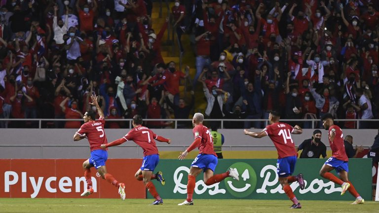 Costa Rica's Celso Borges, first left, celebrates after scoring the opening goal against Canada during a World Cup qualifying soccer match in San Jose, Costa Rica, Thursday, March 24, 2022. (AP Photo/Carlos Gonzalez)