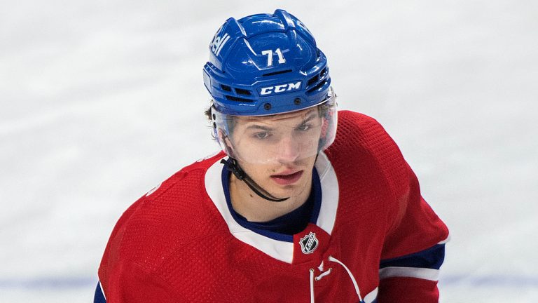 Montreal Canadiens Jake Evans skates prior to NHL hockey action against the Edmonton Oilers in Montreal, Saturday, January 29, 2022. (Graham Hughes/CP)