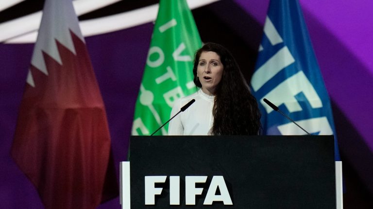 Norwegian soccer official Lise Klaveness speaks during the FIFA congress at the Doha Exhibition and Convention Center in Doha, Qatar, Thursday, March 31, 2022. (Hassan Ammar/AP Photo)