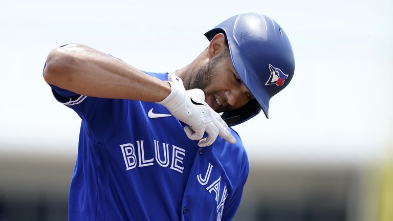 Toronto Blue Jays' Lourdes Gurriel Jr. reacts as he runs the bases after hitting a solo home run during the second inning of a spring training baseball game against the Detroit Tigers. (Lynne Sladky/AP)
