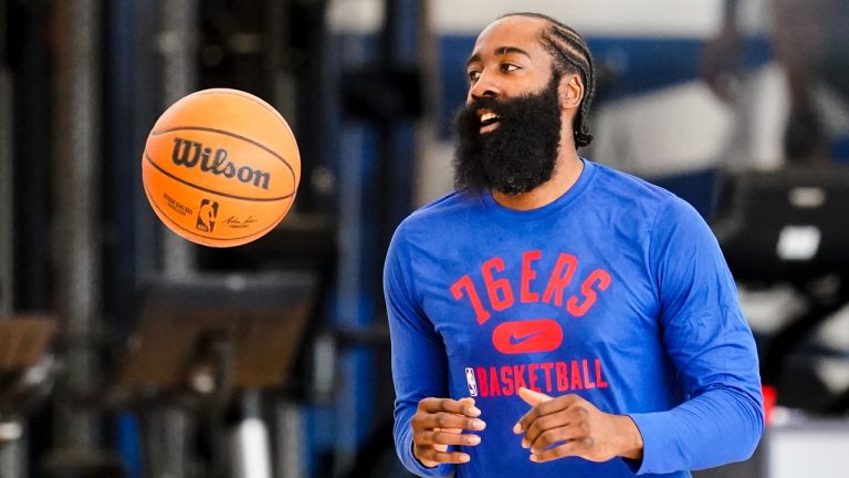 Philadelphia 76ers' James Harden practices at the NBA basketball team's facility, in Camden, N.J., Tuesday, March 1, 2022. (Matt Rourke/AP)