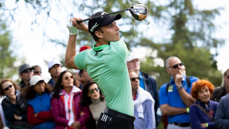 Matthew Jordan of England , tees off during the fourth round of the Omega European Masters Golf Tournament in Crans-Montana, Switzerland, Sunday, Aug. 29, 2021. (Peter Klaunzer/Keystone via AP)