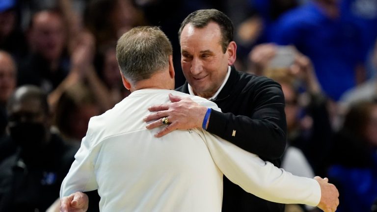 Duke head coach Mike Krzyzewski hugs Michigan State head coach Tom Izzo after Duke's win in a college basketball game in the second round of the NCAA tournament on Sunday, March 20, 2022, in Greenville, S.C. (Chris Carlson/AP Photo)